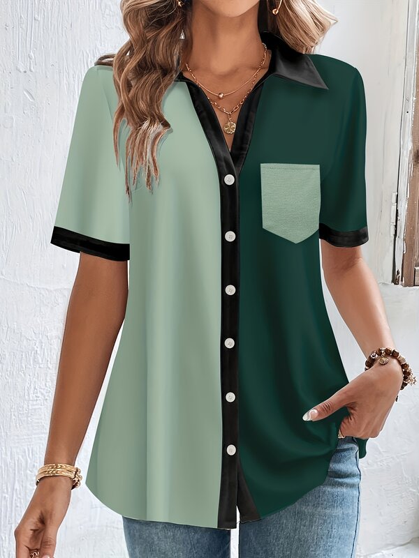 女性のカジュアルな特大ブラウス,ボタンと襟付きの半袖シャツ,カラーブロック