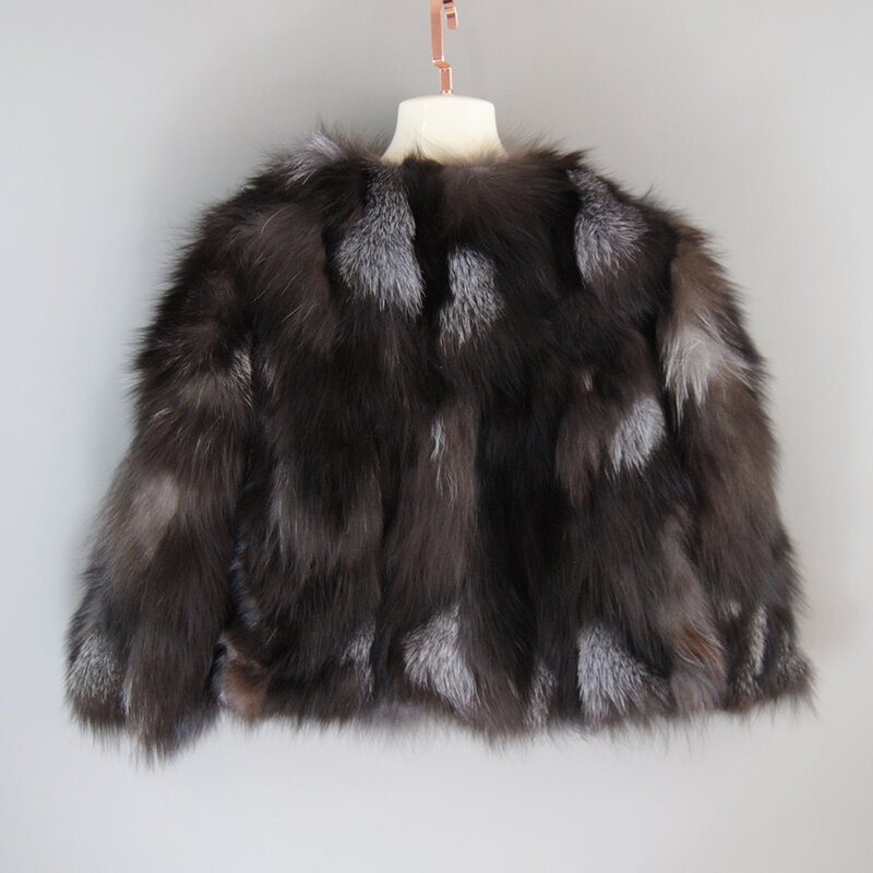 Abrigo corto de piel auténtica para mujer, chaqueta cálida de piel de zorro 100% Natural, color plateado, para invierno, gran oferta