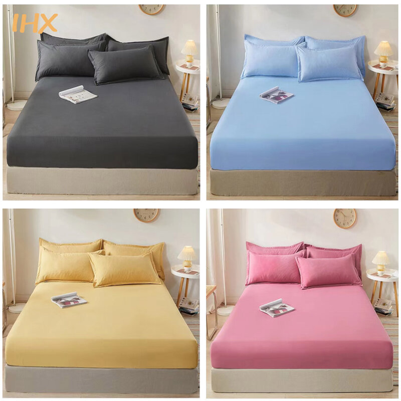 ملاءة سرير قطنية 100% مزودة بشريط مطاطي لون سادة غطاء مرتبة قابل للضبط ومقاوم للانزلاق لسرير مفرد كينج كوين مزدوج