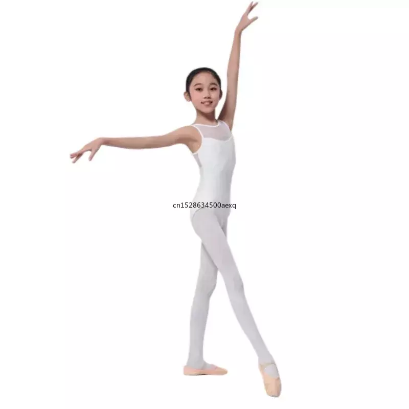 Girls seamless dance round neck mesh splicing backless suspender jumpsuit ballet gymnast aged 4-15