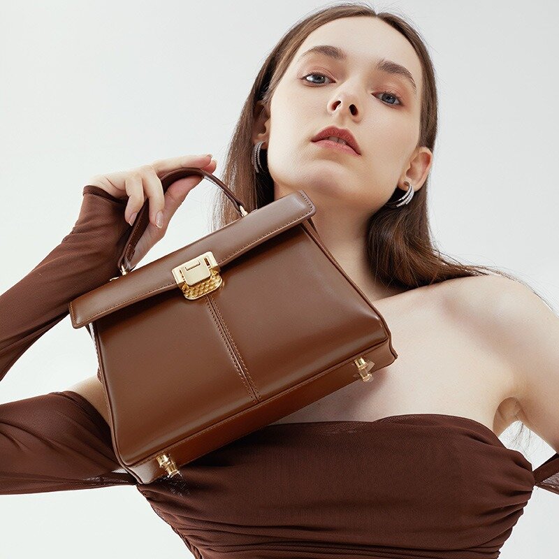Bolsa de couro genuíno com alça superior para mulheres, bolsa de ombro simples, bolsa de mensageiro retrô, sacola elegante para senhoras