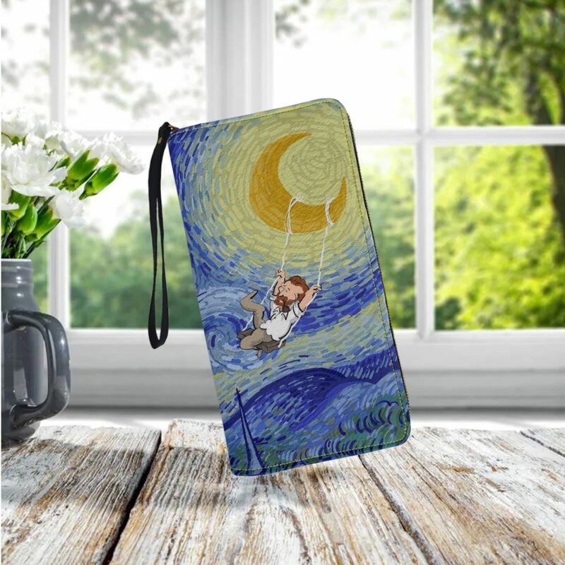 Billeteras de cuero con diseño de cielo estrellado de Van Gogh para mujer, monedero de lujo, correa de muñeca multifunción, tarjetero para niñas