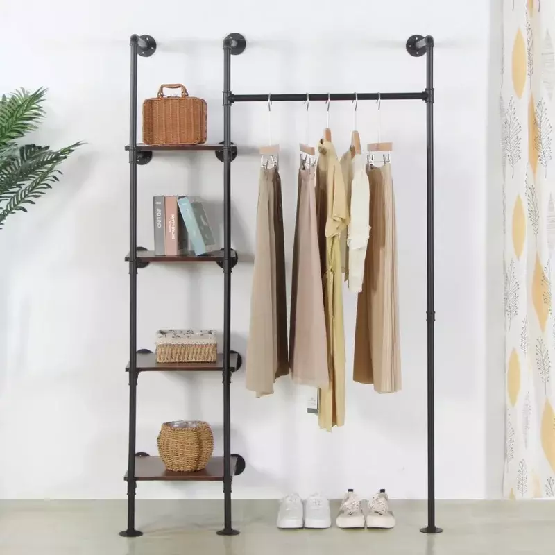 Industrial Pipe Clothing Rack with Shelves, 71inch Wall Mounted Closet Storage Rack,Hanging Clothes Retail Display Rack, Garment