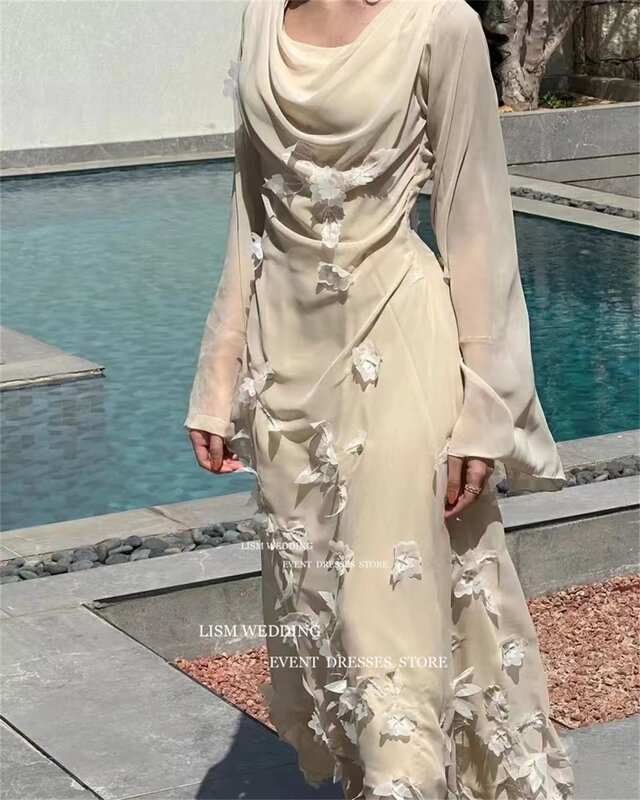 LISM Eleganckie szyfonowe suknie wieczorowe o linii Dawl Neck 3D Flowers Long Sleeve Prom Occasion Gown Backless Outfit Party Dress