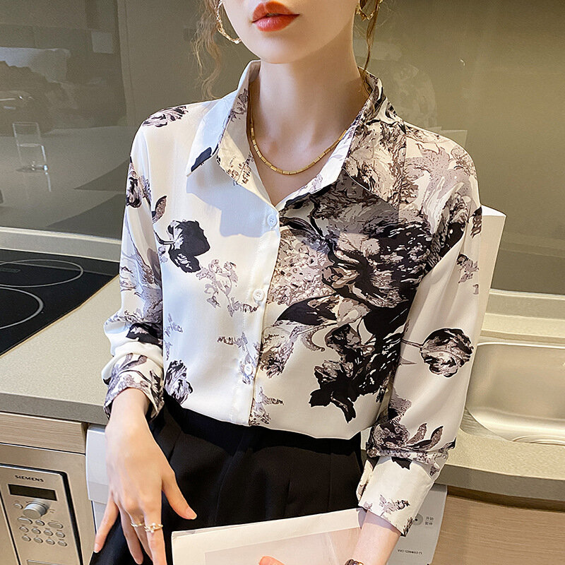Blusa feminina estilo tinta coreana, tops de manga comprida, elegante camisa do escritório, camisa vintage elegante, primavera