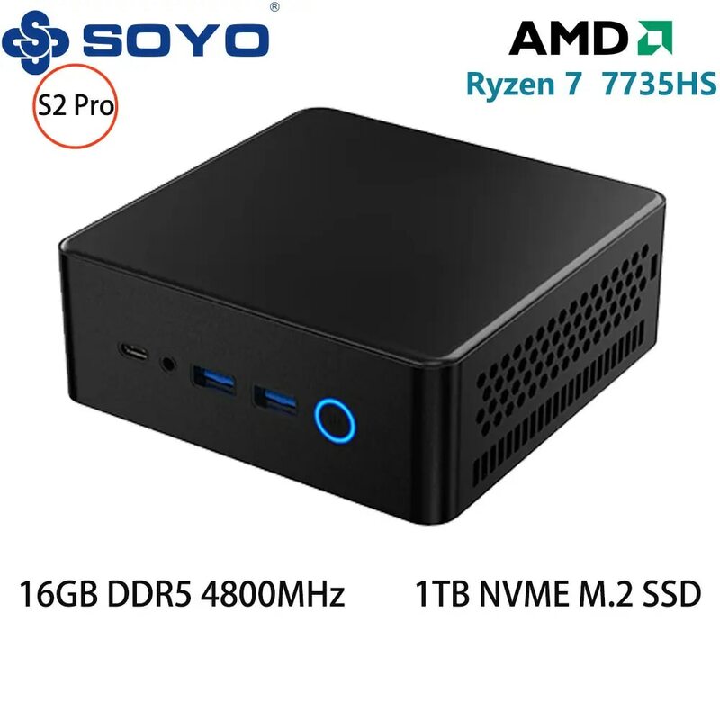 SOYO S2 Pro PC Mini 16GB DDR5 RAM, 1TB NVME SSD, AMD Ryzen7 7735HS , Windows 11Pro - Compact & Ideal untuk rumah, bisnis & Gaming