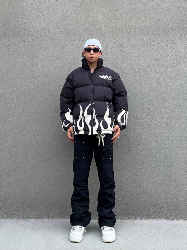 Chaqueta gruesa Vintage para hombre, parka con estampado gráfico de llama de Hip Hop, impermeable, acolchada, de retales, estilo Harajuku, prendas de vestir, invierno, 2023