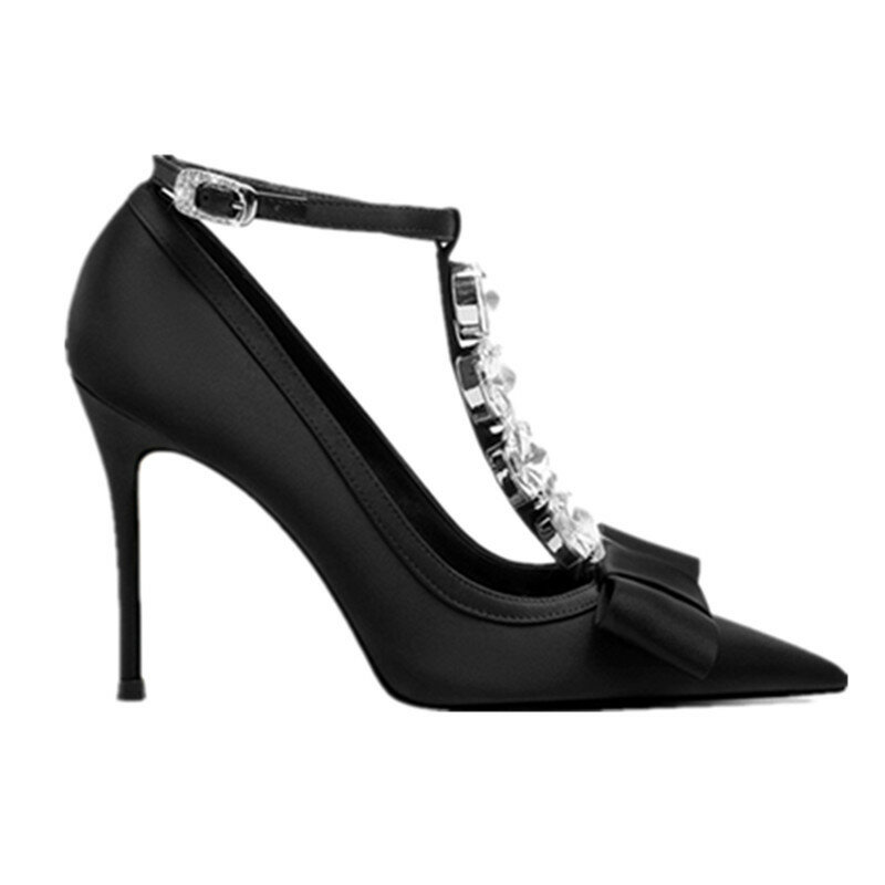 FHC-zapatos de boda con diamantes de imitación y pajarita para mujer, tacones altos, puntiagudos, poco profundos, satén de seda, 31-45, envío directo, 2024