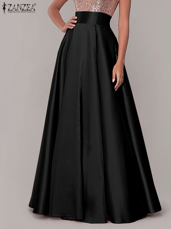 ZANZEA-Falda larga de satén para mujer, prenda elegante de cintura alta, corte en A, color liso, para fiesta, Verano