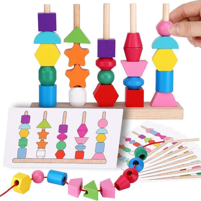 몬테소리 구슬 재미있는 나무 레이싱 장난감 세트, 유아 모양 분류기 쌓기 블록 스템, 유치원 유아 활동, 2, 3, 4, 5