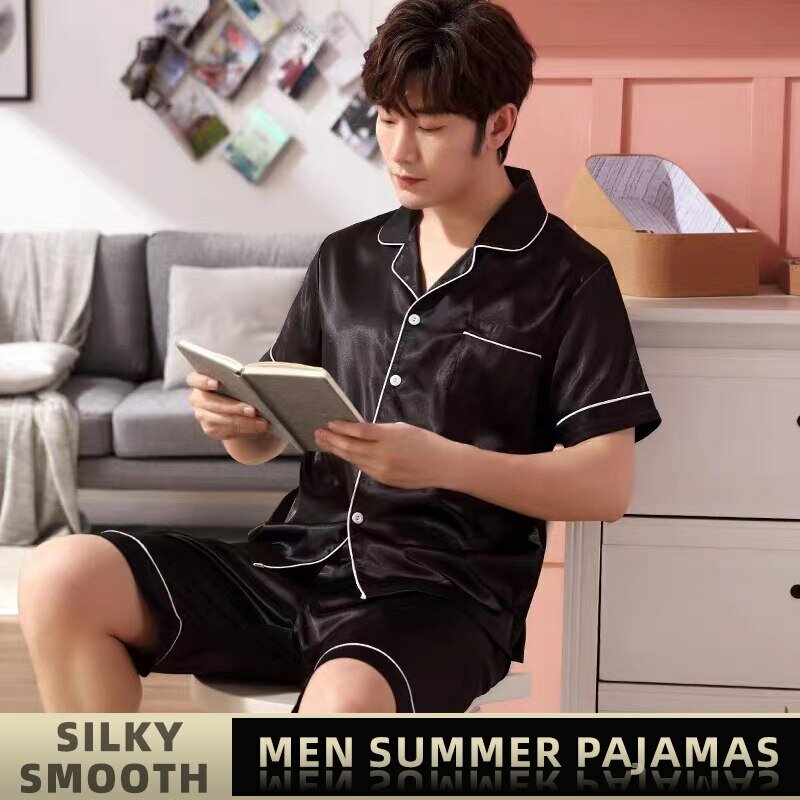 Men Ice Silk Pajamas Sleepwear Pajama Set Nightclothes Black Gray XXL 3XL 4XL Shirts Shorts Smooth Solid Color Casual