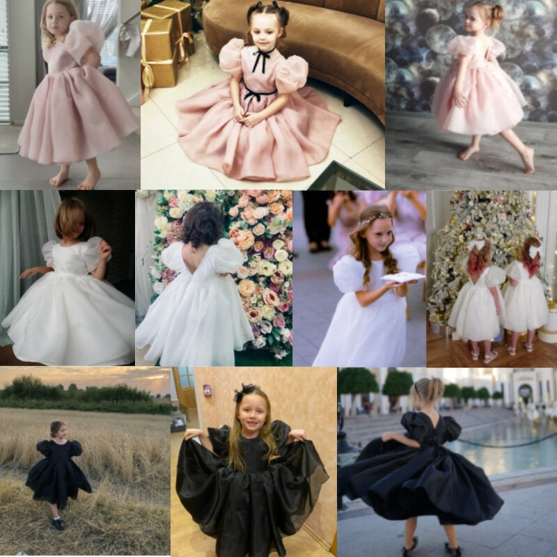 Fashion Girl Princess Vintage Dress Tulle Child Vestido Puffy Sleeve Pink Wedding Party Birthday Tutu Dress Child Clothes 1-14