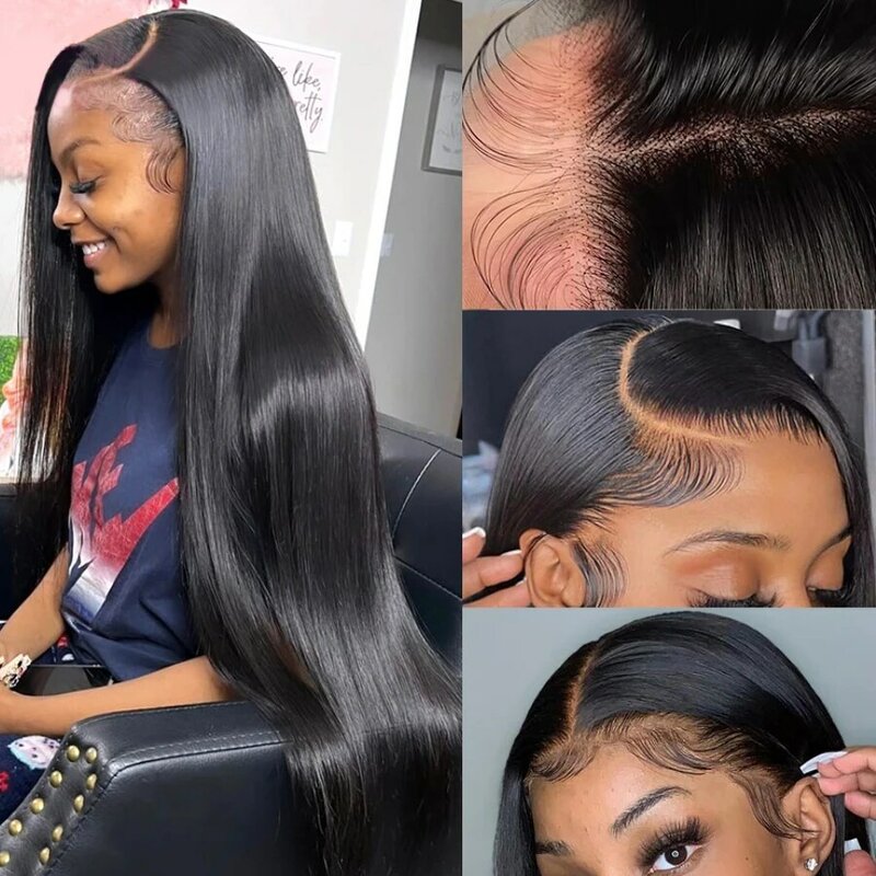 Peluca de cabello humano liso para mujeres negras, postizo de encaje Frontal Hd de 13x6, pelo brasileño predespuntado de 32 y 30 pulgadas, 13x4