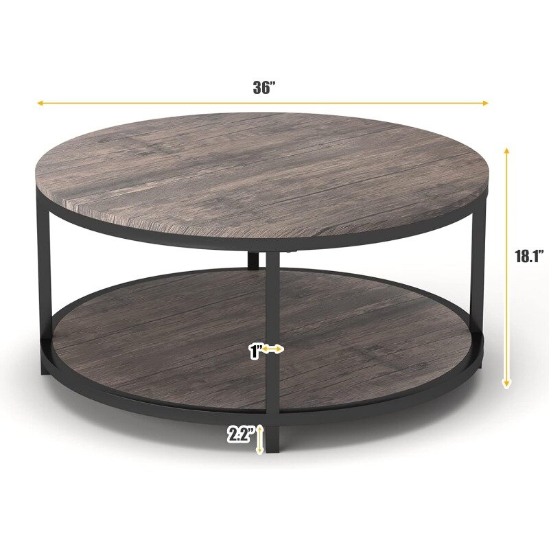 Tavolino rotondo NSdirect, tavolino da caffè da 36 "per soggiorno, Desktop in legno rustico a 2 livelli con ripiano portaoggetti casa dal Design moderno