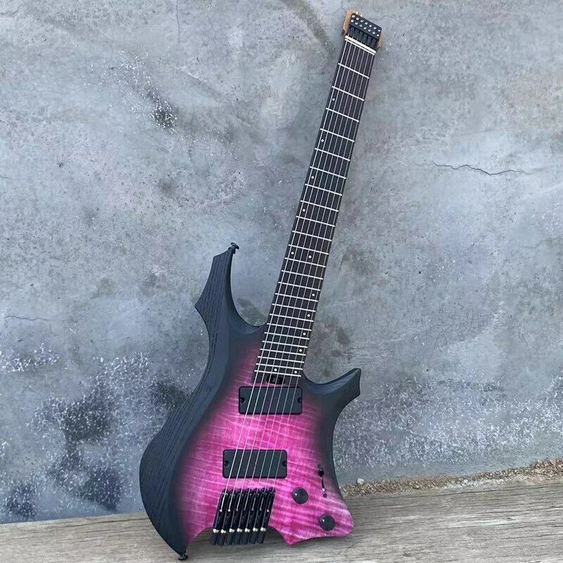 Acepro 7 String Headless Electric Guitar, Fanned Frets, Active Pickups, 9 Piece Roasted Maple Neck, Ash Body Flame Maple Top