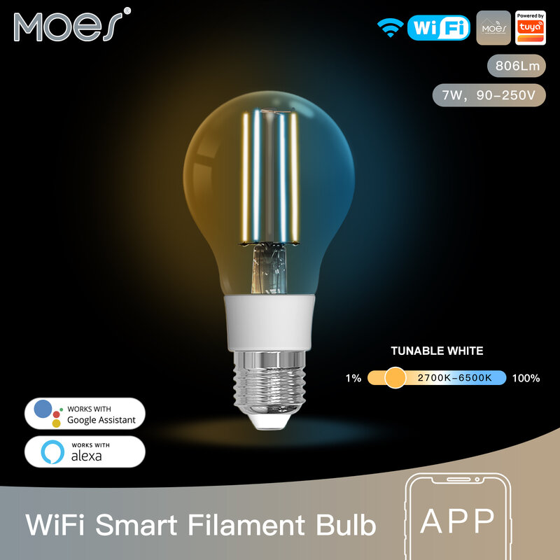 Умная лампа накаливания MOES с Wi-Fi, E27, 2700-6500 К, 250 лм