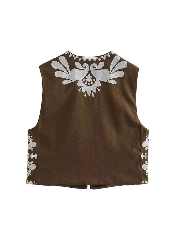 TRAF Embroidered Sleeveless Vest Women 2024 Floral Cropped Jackets for Women Open Boho Summer Women's Vest Streetwear Waistcoat