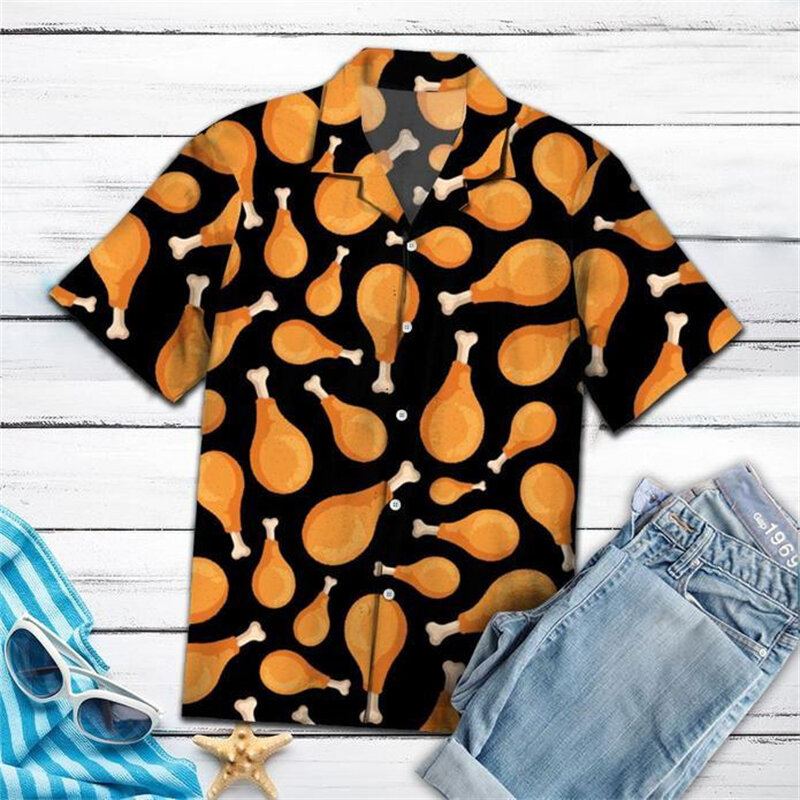 Camisas de frango com estampa 3D solta respirável masculina, tops praia havaiano, manga curta, moda cool, verão, nova