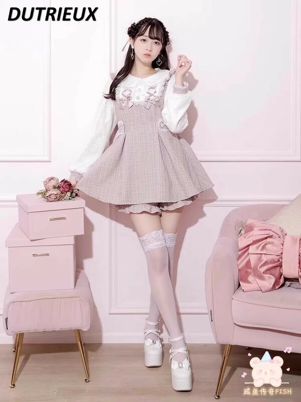 Spring Autumn New Bow Rhinestone Top Mine Series Mass-Produced Long Sleeve Dress and Base Shorts Culottes Lolita Sweet Set