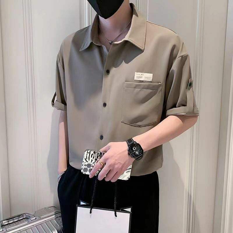 Elegant Fashion Harajuku Slim Fit Ropa Hombre Loose Casual All Match Shirt Pointed Collar Pockets Button Short Sleeve Blusa