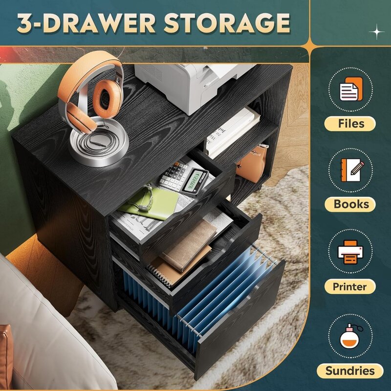 DEVAISE Drewniana szafka na dokumenty z 3 szufladami, mobilna boczna szafka na dokumenty, stojak na drukarkę z otwartymi półkami do przechowywania do domowego biura