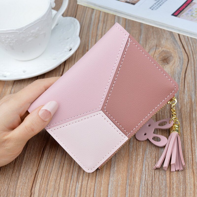 Geometryczne kobiety śliczne różowe portfele kieszeń torebka posiadacz karty Patchwork portfel pani kobieta moda krótkie monety Burse portfel