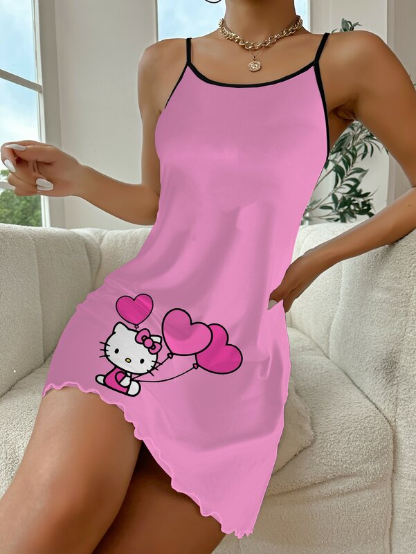 Crew Neck Home Dress Elegant Dresses for Women Hello Kitty Lettuce Trim Satin Surface Pajama Skirt Fashion Summer 2024 Chic Mini
