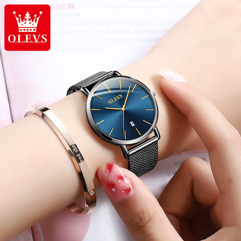 OLEVS jam tangan Quartz wanita, arloji Ultra tipis, kalender tahan air, sabuk jala Stainless steel, merek terkenal dan mewah