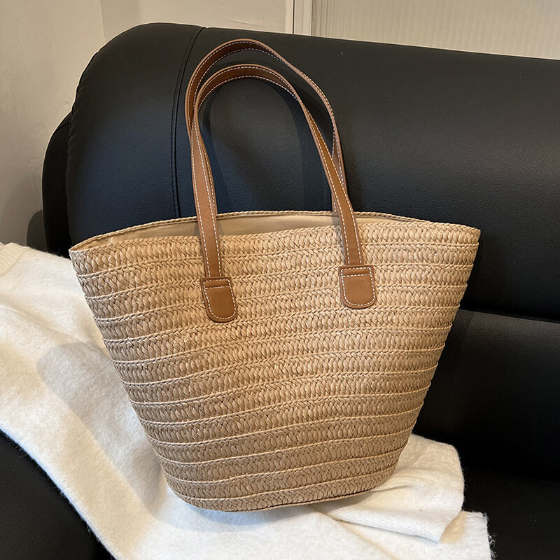Casual Woven Beach Straw Handbags Luxury Designer Women Shopper Vacation Shoulder Bag Ladies Summer Large Capacity Tote Purse