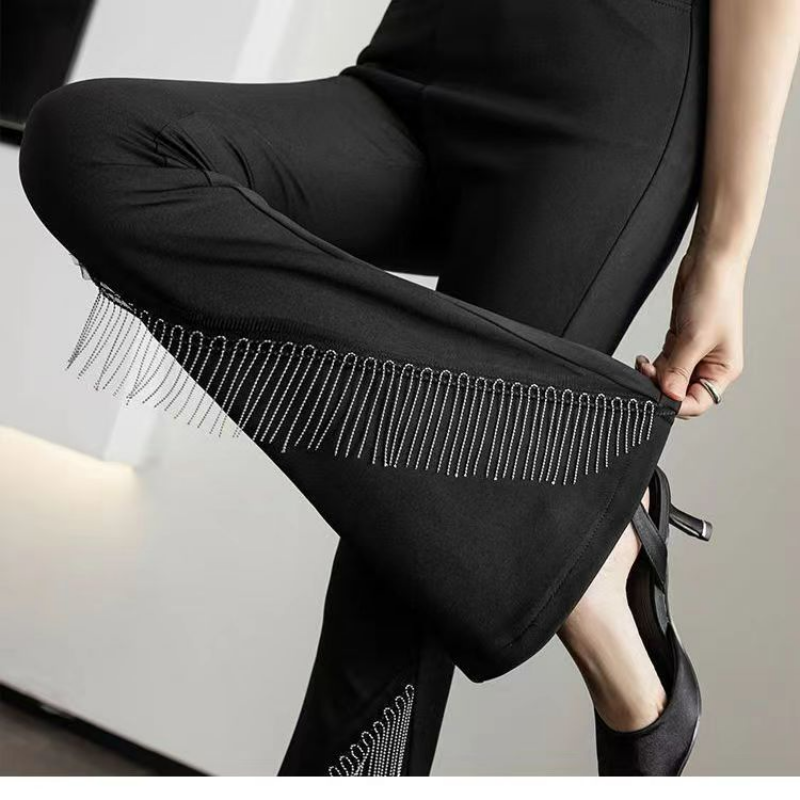 Брюки-клеш Женские с высокой талией, модные облегающие пикантные повседневные универсальные прямые брюки с эластичной бахромой, корейский стиль, со стразами и цепочкой