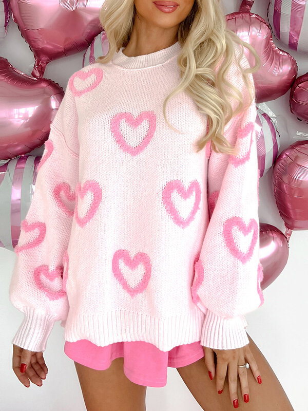 Donna cuore stampa maglia Swearer romantico oversize Baggy Fuzzy maglione san valentino manica lunga Pullover maglieria