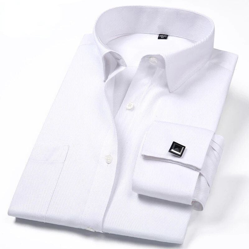 남성용 클래식 비즈니스 원피스 셔츠, 긴팔 프렌치 정사이즈 핏 커프스 단추 라펠 흰색 셔츠, 2024
