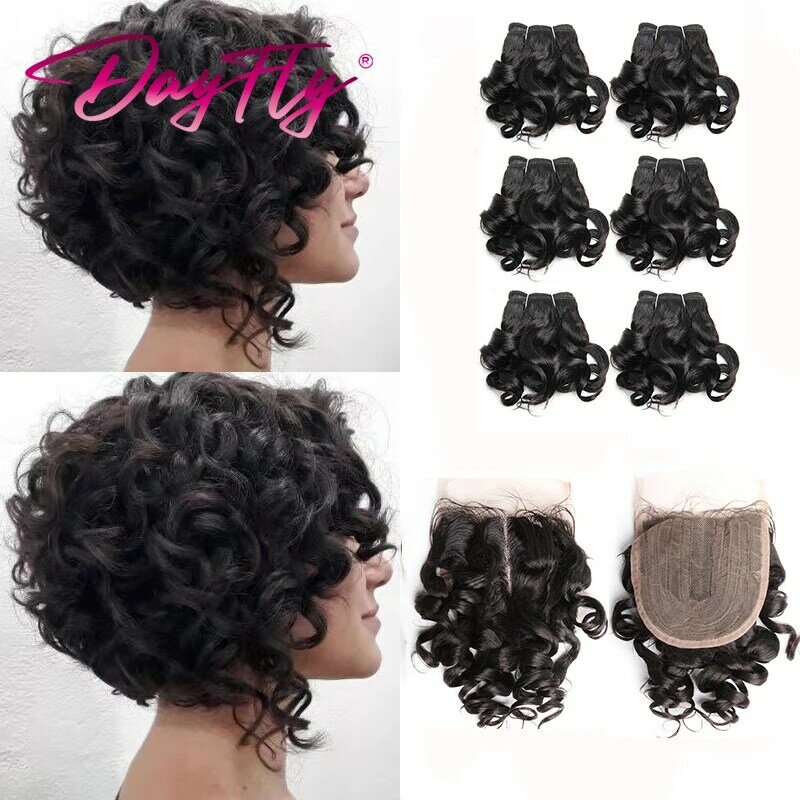 Pacotes de tecelagem de cabelo brasileiro com fechamento, Bouncy Curly Cabelo Humano, 4x1 T Part, 6 Pacotes de extensões de cabelo