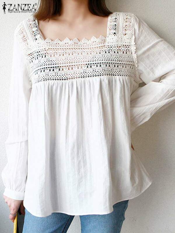 Блузка ZANZEA Женская кружевная с длинным рукавом, модный пикантный белый топ в стиле пэчворк, Повседневная рубашка с квадратным вырезом, свободная, весна 2024