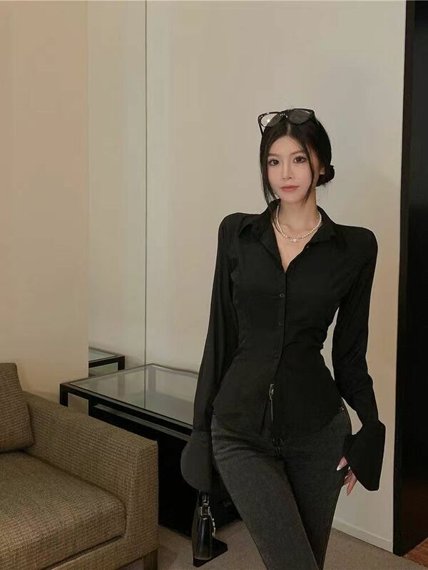 Spring And Summer High Street Sexy Bandage Shirt Female Trumpet Sleeve Lapels Slim Female Fashion Single-Breasted Women's Blouse