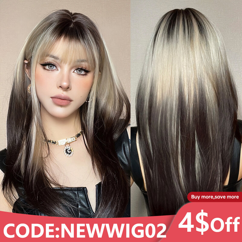 Ombre Cosplay lurus sintetis rambut wanita pirang Platinum ke rambut hitam wig alami panjang berlapis dengan poni untuk wanita putih