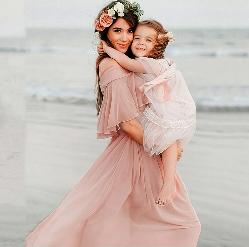 Nowe różowe sukienki ciążowe z falbankami na sesję zdjęciową czeski szyfon kobiety w ciąży fotografia rekwizyty sukienka Maxi Premama ubrania