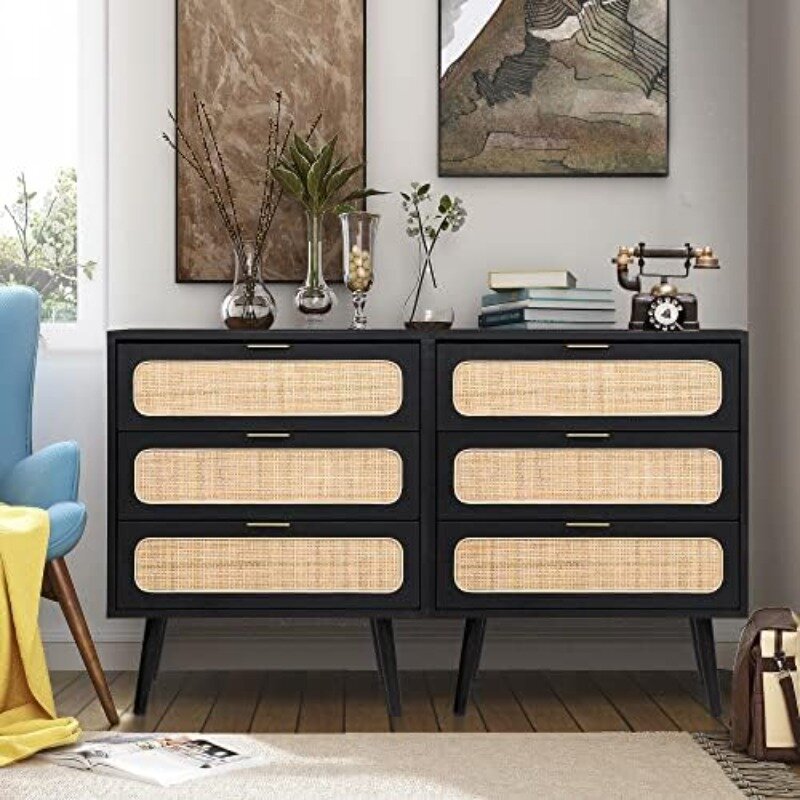 2 Sets of Rattan Nightstand Dresser Chest of 3 Drawers, Wood Storage Dresser Cabinet Organizer Unit