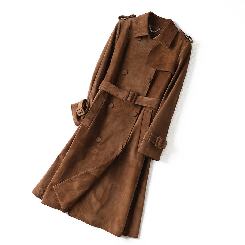 Женское длинное классическое замшевое пальто, тренчкот из натуральной коровьей кожи с верхним слоем, E50, 2023