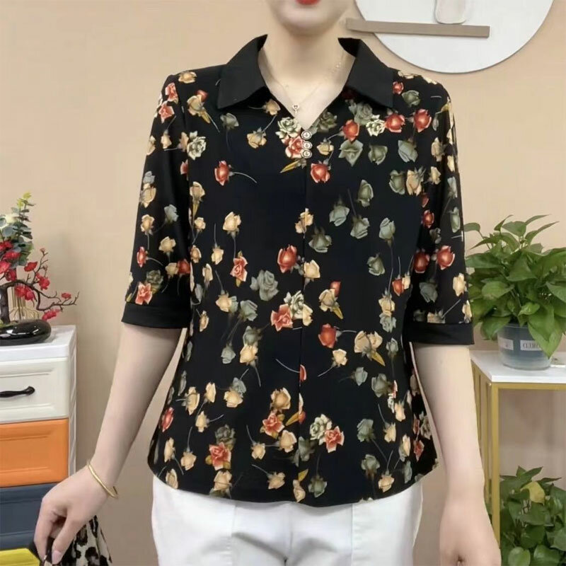 Camisa de manga con media Flores rotas para mujer, blusa holgada con botones empalmados, cuello vuelto, moda Vintage de verano