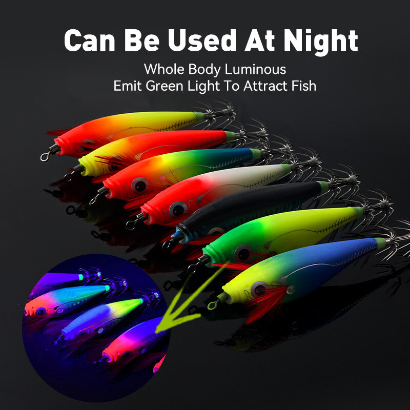 LEYDUN Luminous Horizontal Squid Jig Wood Shrimp Squid Hook 14pcs/Set Fishing Lures Octopus Cuttlefish Shrimp Saltwater Baits