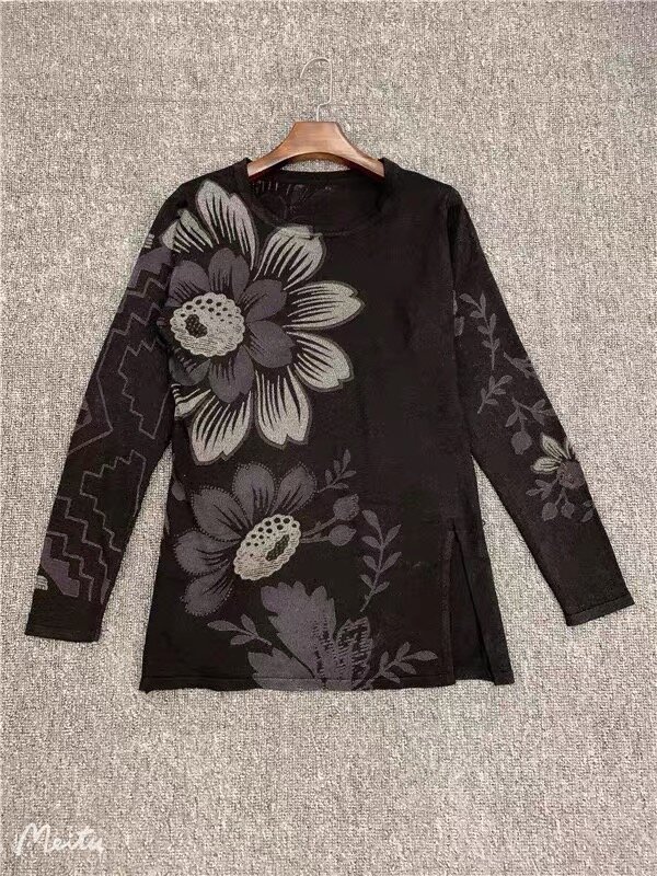 Original Spanish  Women's Sweater Printed Embroidered Round Neck Pullover Knit Thin Style Show Style Slim Fit