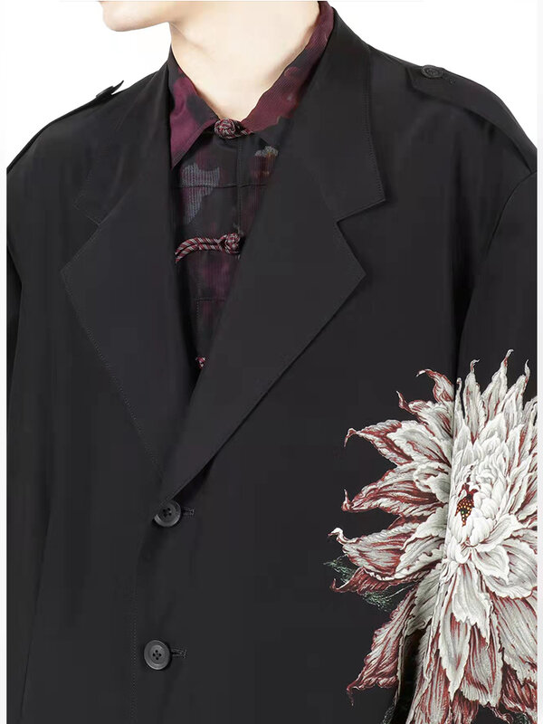 Dahlie Druck Unisex Jacke Seide Trenchcoat Yohji Yamamoto Jacke Mann langen männlichen Mantel männlich dünnen Stil Mantel Damen bekleidung