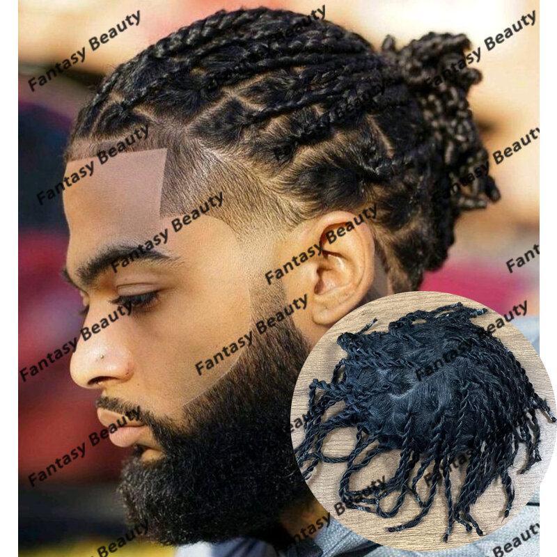 6Inches Long Black Men Braid Human Hair Natural Hairline Miscro Skin Single Knot Skin Base Men Toupee High Ponytail Hair System