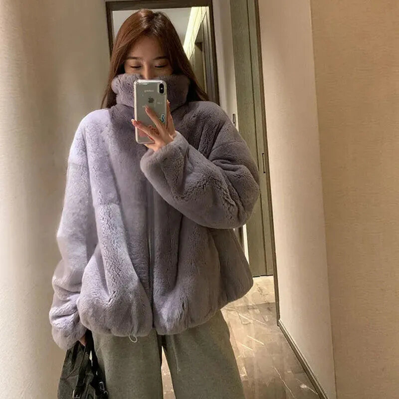 Gidyq Women Faux Rabbit Down Coats Korean Fashion Streetwear Plush Jacket Winter Female Casual Thick Warm Loose Overcoat New