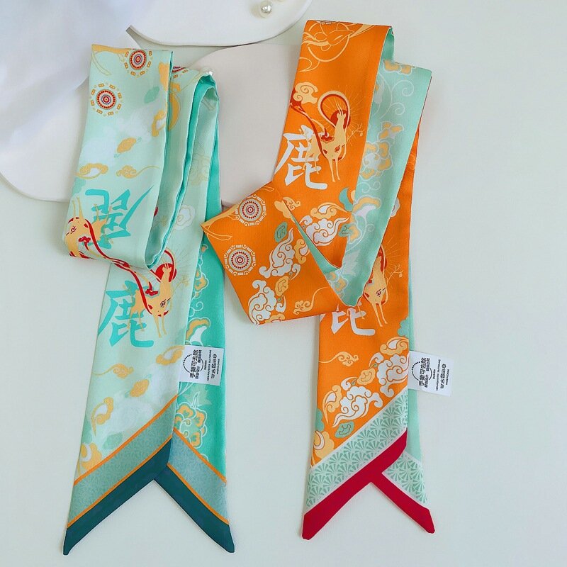 Dunhuang pequeno lenço de seda nova impressão alça saco fitas marca moda cabeça cachecol pequeno longo lenços magros para mulher