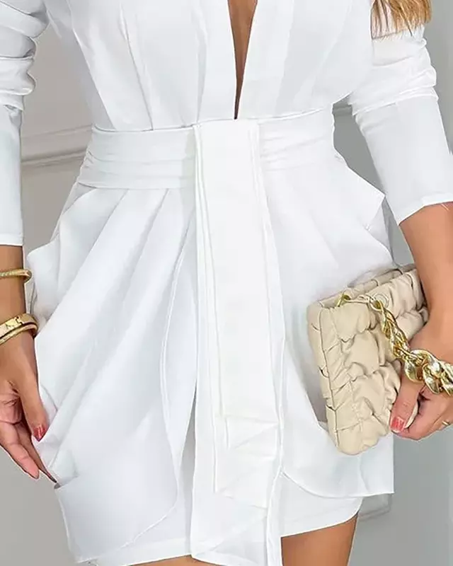 Frühling Frauen Ballkleider tiefen V-Ausschnitt Langarm Tauchen geraffte Party kleid Büro Dame tragen weiße Wickel Mini Bodycon Kleid