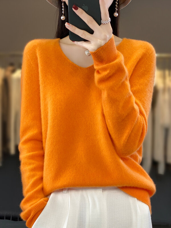 Женский трикотажный свитер из 100% мериносовой шерсти с V-образным вырезом и длинным рукавом