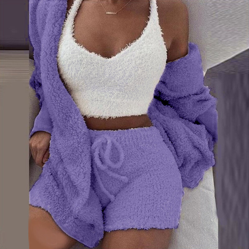 Sexy Womens Fleece Fluffy Fur Coat Deep V Neck Plush Tank Top Shorts Pyjamas Set Lounge Wear Loose Casual Keep Warm Nightwear