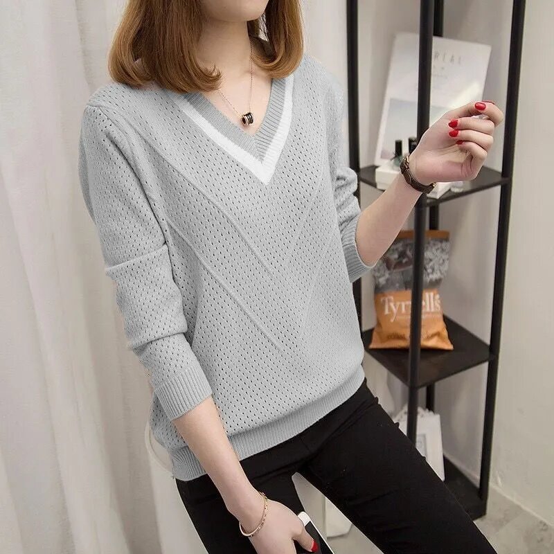 Hollow-out Sweater Women V-neck Sweater 2023 Spring Summer Female Pullovers Sweater Thin Long Sleeve knitting Tops